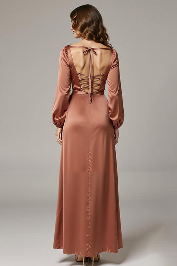 Maroon Long Sleeve Sheath Satin Evening Dress